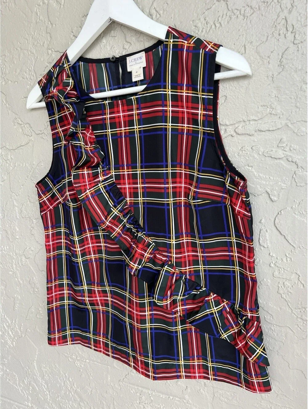 J Crew Plaid Tartan Sleeveless Blouse Ruffle Holiday Stewart Academia Top 4.